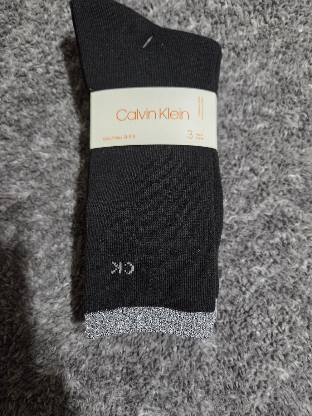Calvin Klein Black Kids Crew Socks with Silver Metallic Trim - 3 Pack
